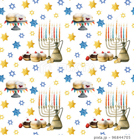 Hanukkah seamless pattern, Jewish Holiday symbols. Menorah, candles, jug, donuts, dreidel, coins, jar of oil Hanukkah seamless pattern, Jewish Holiday symbols. Menorah, candles, jug, donuts, dreidel, coins, jar of oil 96844705