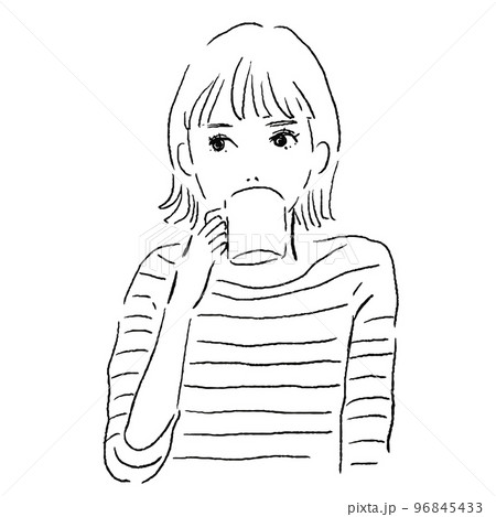 珈琲を飲む女性の線画 96845433