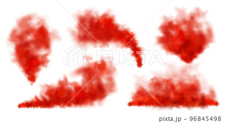 Red colorful smoke clouds isolated on white background, realistic mist effect, fog. Vapor in the air, steam flow. Vector illustration Red colorful smoke clouds isolated on white background, realistic mist effect, fog. Vapor in the air, steam flow. Vector illustration 96845498
