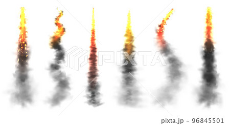 Realistic black smoke with fire, space rocket launch trails. Fire burst, explosion. Missile or bullet trail. Jet aircraft tracks. Smoke clouds, fog. Steam flow. Vector illustration 96845501