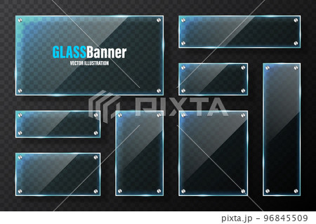 Realistic glass frames with metal holders. Blue transparent glass banners with flares and highlights. Glossy acrylic plate, element with light reflection and place for text. Vector illustration 96845509