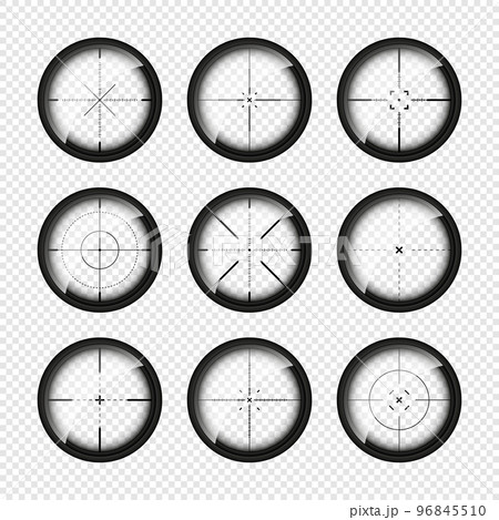 Various weapon sights, sniper rifle optical scopes. Hunting gun viewfinder with crosshair. Aim, shooting mark symbol. Military target sign, silhouette. Game interface UI element. Vector illustration 96845510