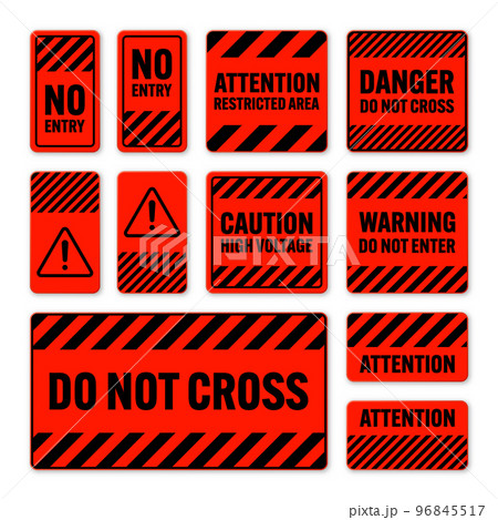 Various black and red warning signs with diagonal lines. Attention, danger or caution sign, construction site signage. Realistic notice signboard, warning banner, road shield. Vector illustration Various black and red warning signs with diagonal lines. Attention, danger or caution sign, construction site signage. Realistic notice signboard, warning banner, road shield. Vector illustration 96845517