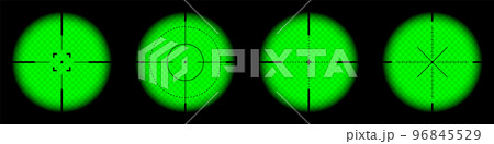 Various weapon night sights, sniper rifle optical scopes. Hunting gun viewfinder with crosshair. Aim, shooting mark symbol. Military target sign, silhouette. Game UI element. Vector illustration 96845529