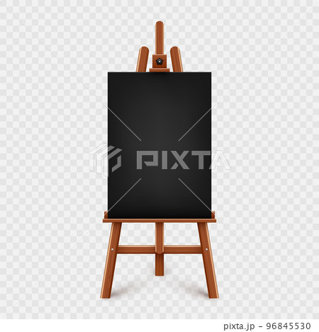 Realistic paint desk with blank black canvas. Wooden easel and a sheet of drawing paper. Presentation board on a tripod. Artwork mockup, template. Vector illustration 96845530
