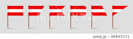 Realistic various Austrian toothpick flags. Souvenir from Austria. Wooden toothpicks with paper flag. Location mark, map pointer. Blank mockup for advertising and promotions. Vector illustration 96845531