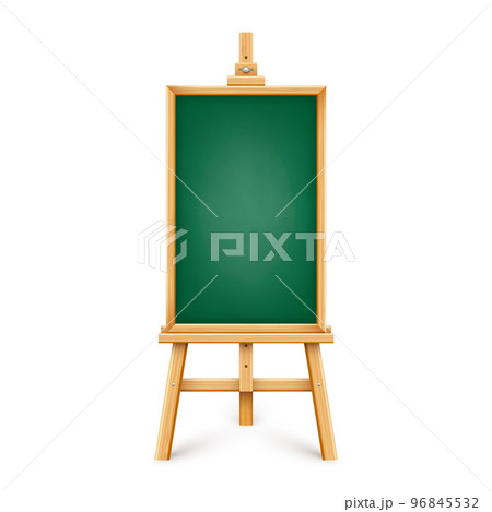 Realistic green chalkboard on wooden easel. Blank blackboard in wooden frame on a tripod. Presentation board, writing surface for text, drawing. Online studying, learning mockup. Vector illustration 96845532