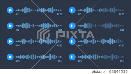 Voice message, social media chat conversation. Messaging app, music player, audio or video editor interface element. Voice assistant, recorder. Sound wave pattern. Dark mode. Vector illustration 96845536