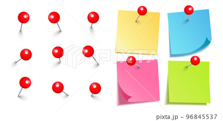 Realistic blank sticky notes isolated on white background. Colorful sheets of note paper with red round push pins. Paper reminder and plastic pushpin with needle. Board tacks. Vector illustration 96845537