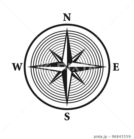 Vintage marine wind rose, nautical chart. Monochrome navigational compass with cardinal directions of North, East, South, West. Geographical position, cartography and navigation. Vector illustration. Vintage marine wind rose, nautical chart. Monochrome navigational compass with cardinal directions of North, East, South, West. Geographical position, cartography and navigation. Vector illustration. 96845559