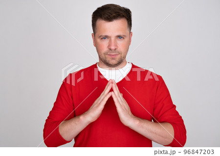 Caucasian man making house gesture meaning roof with palms Caucasian man making house gesture meaning roof with palms 96847203
