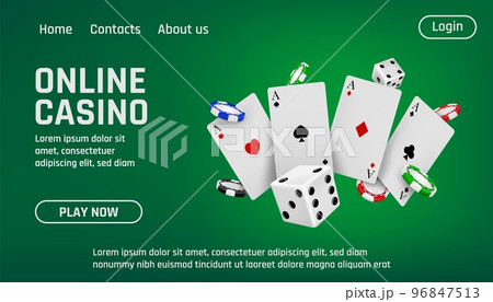 Online casino, gamble poker landing page. Blackjack fortune game or bet coins, cash in internet, tablet background. Vegas gambling banner template. Realistic 3d elements. Vector illustration 96847513