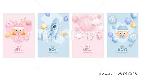 3D baby shower. Boy and girl greeting cards design. Toddler faces. Newborn kids celebration. Pink and blue invitations set. Sun and clouds. Rocket and balloons. Vector cartoon background 3D baby shower. Boy and girl greeting cards design. Toddler faces. Newborn kids celebration. Pink and blue invitations set. Sun and clouds. Rocket and balloons. Vector cartoon background 96847546