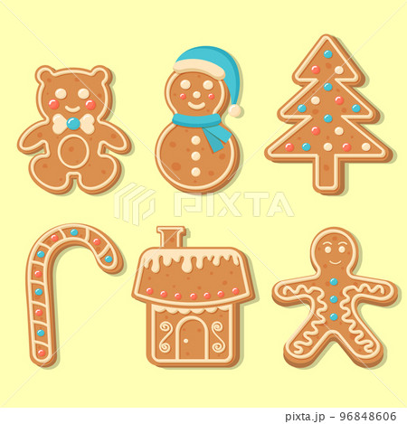 Set of Christmas gingerbread. Chrismas candy, bear, snowman, gingerbread man, new year tree, house. Merry Christmas and Happy New Year figures cover by icing-sugar.  96848606