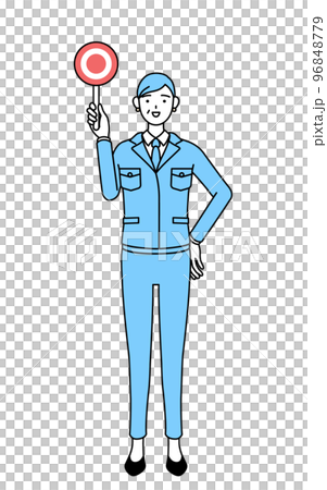 正解を示すマルの棒を持つ作業着を着たシニア女性(経営者、管理職、工場長) 正解を示すマルの棒を持つ作業着を着たシニア女性(経営者、管理職、工場長) 96848779