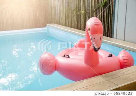 Pink inflatable ring flamingo plastic in the swimming pool blue water, Pool accessory equipment float for party, Trendy summer vacation feeling concept 96849322