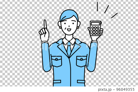 Senior woman wearing work clothes pointing with a calculator (manager, manager, factory manager) 96849355