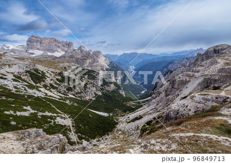 View of valleys and high mountains in the Dolomites, Dolomite Alps, Tre Cime di Lavaredo, Italy 96849713