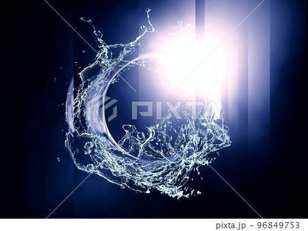 サイエンスの概念で青い水のしぶきと青い光の輪を合成した3dイラスト 96849753
