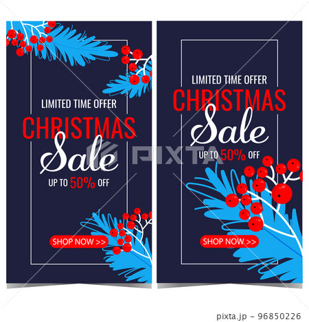 Christmas sale and discount poster design template. Vector banner or flyer for December shopping promotion and winter holidays discount announcement during Christmas fair, market or bazaar. Christmas sale and discount poster design template. Vector banner or flyer for December shopping promotion and winter holidays discount announcement during Christmas fair, market or bazaar. 96850226