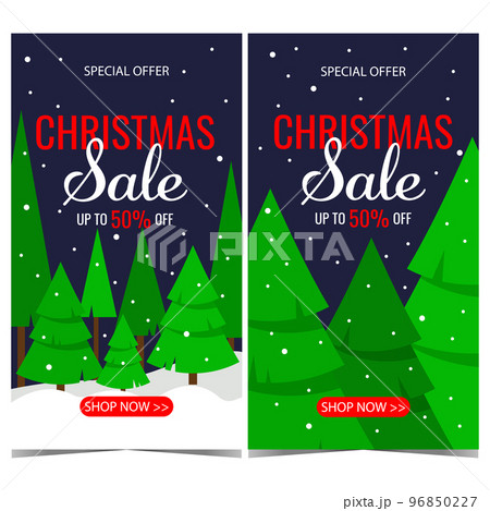 Christmas sale banner or poster with winter landscape on the background. Christmas sale and discount promotion flyer for December shopping season and winter holidays. Vector illustration. 96850227