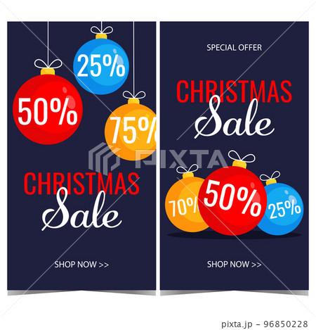 Christmas sale vector banner with bright colorful decorations. Ready to print illustration for Christmas sale and discount promotion. Winter price reduction announcement during December holidays. 96850228