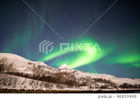 オーロラを見ながらバックカントリーを楽しむ　オーロラのある暮らし　オーロラハンティング 96850469