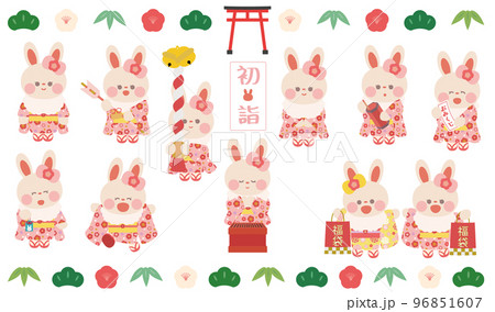 初詣と初売りの着物を着たうさぎさんセット 96851607