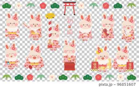 初詣と初売りの着物を着たうさぎさんセット 96851607