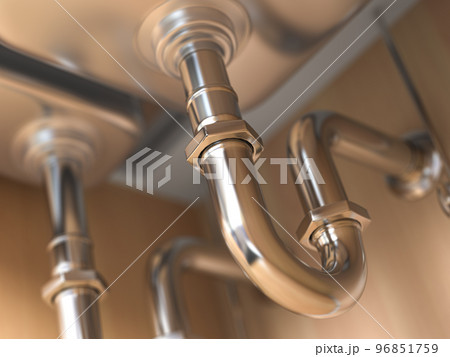 Metal pipes under the sink in the kitchen. 96851759