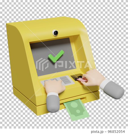 businessman hands withdrawal cash with atm machine transaction, banknote, check mark isolated. 3d illustration, 3d render 96852054