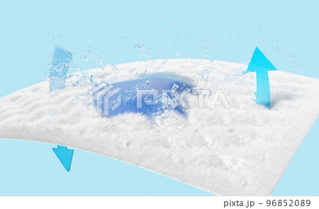 3d absorbent pad, ventilate shows water splash transparent isolated on blue for diapers, synthetic fiber hair absorbent layer with sanitary napkin, baby diaper adult concept, 3d render illustration 96852089