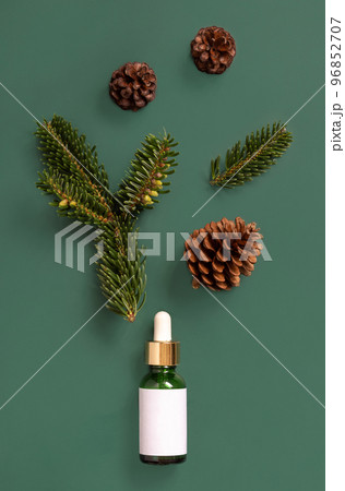 Dropper Bottle near fir branches and pine cones on green top view. Brand packaging mockup 96852707