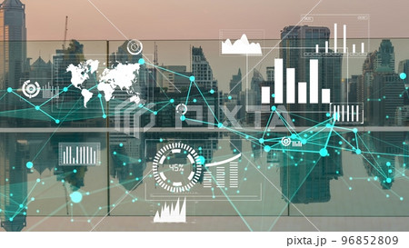 Business data analytic interface fly over smart city showing alteration future Business data analytic interface fly over smart city showing alteration future 96852809