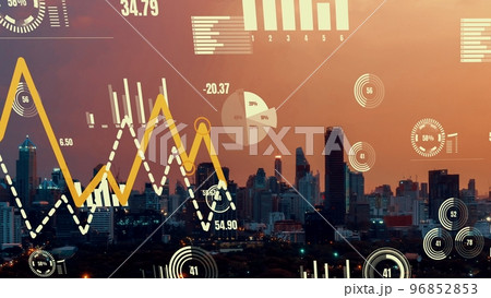 Business data analytic interface fly over smart city showing alteration future 96852853