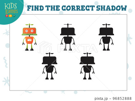 Find the correct shadow for cute cartoon robot educational preschool kids mini game 96852888