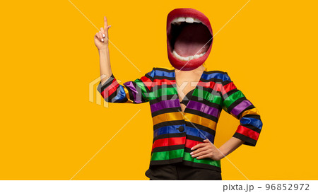 Contemporary art collage. Inspiration, idea, trendy urban magazine style. Composition with young girl headed of female mouth Contemporary art collage. Inspiration, idea, trendy urban magazine style. Composition with young girl headed of female mouth 96852972