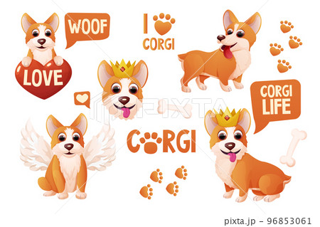 Set corgi dog stickers with crown, wings, sitting, adorable pet, activities in cartoon style isolated on white background. Comic emotional character, funny pose Set corgi dog stickers with crown, wings, sitting, adorable pet, activities in cartoon style isolated on white background. Comic emotional character, funny pose 96853061