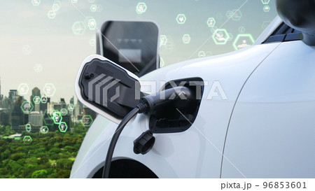 Progressive green city ESG symbol background with electric vehicle. 96853601
