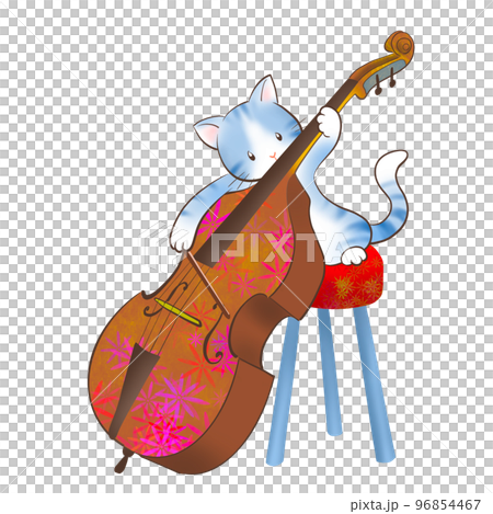 ネコが楽しそうにコントラバスを弾いているイラスト 96854467