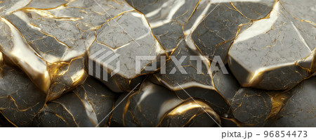 Splendid wavy pattern black and gold digital art marbling 3D illustration. 96854473