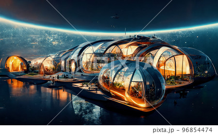 Spectacular space colony glass dome house. Digital art 3D illustration 96854474