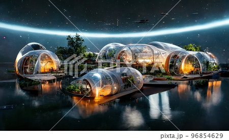 AI generated space colony glass dome house. Digital art AI generated image AI generated space colony glass dome house. Digital art AI generated image 96854629