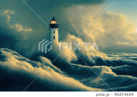 Spectacular lighthouse with large storm on seashore. Digital art 3D illustration Spectacular lighthouse with large storm on seashore. Digital art 3D illustration 96854699