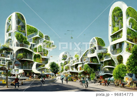 Spectacular city covered with green trees and plant. Digital art 3D illustration Spectacular city covered with green trees and plant. Digital art 3D illustration 96854775