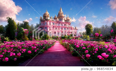 Spectacular fantasy palace with garden of flower. Digital art 3D illustration. Spectacular fantasy palace with garden of flower. Digital art 3D illustration. 96854834