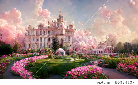 Spectacular fantasy palace with garden of flower. Digital art 3D illustration. 96854907