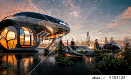 Spectacular space colony glass dome house. Digital art 3D illustration 96855024