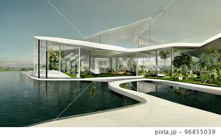 Luxury pool villa spectacular contemporary design 3D illustration digital art 96855039