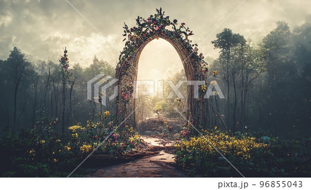 Spectacular archway in fantasy forest. Digital art 3D illustration 96855043